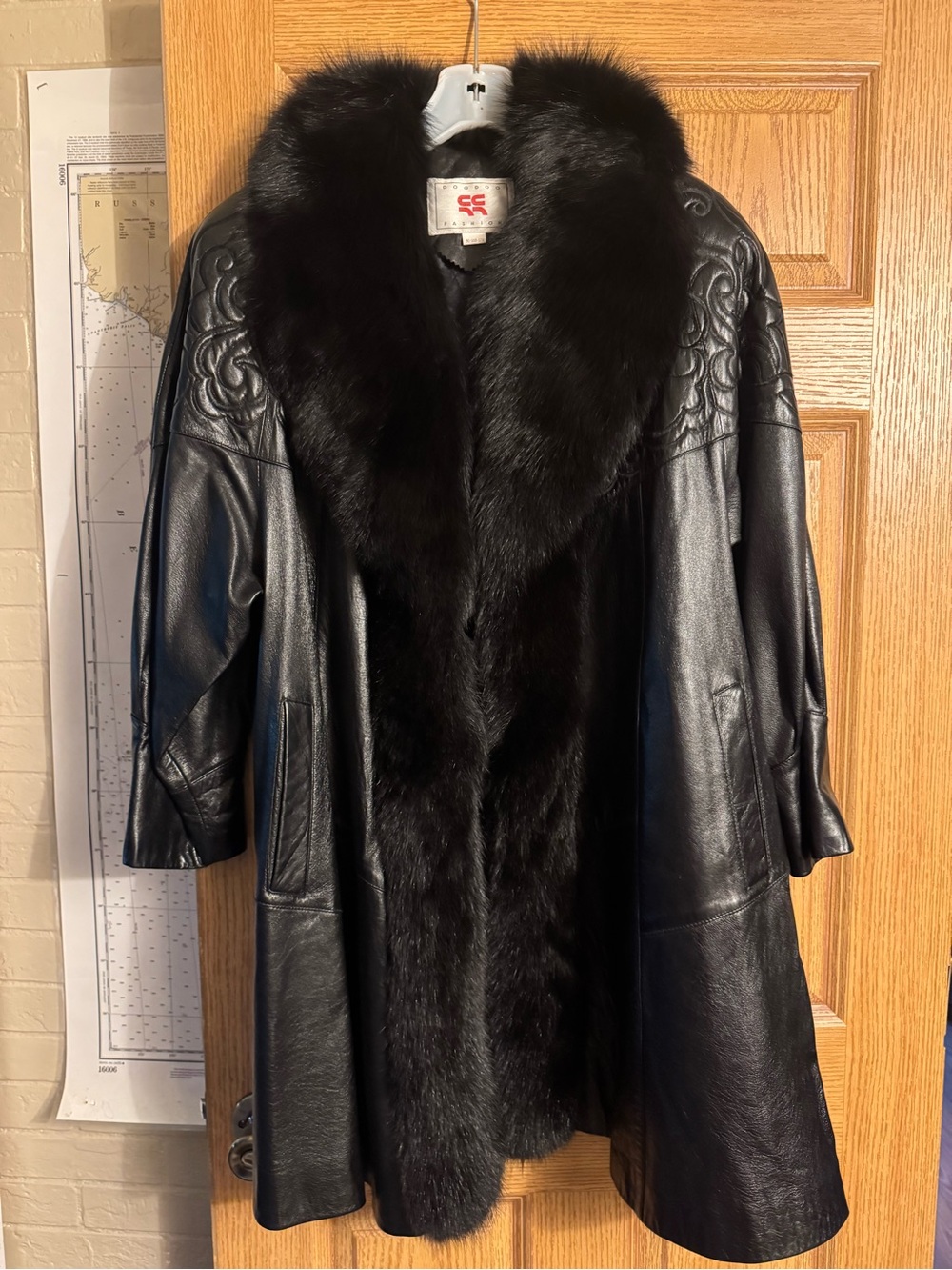 Vintage Black Leather Coat with REAL FOX Fur Trim